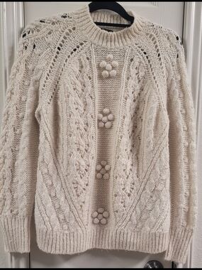 J. Crew Cream Cable-Knit Popcorn Flower Crewneck Sweater